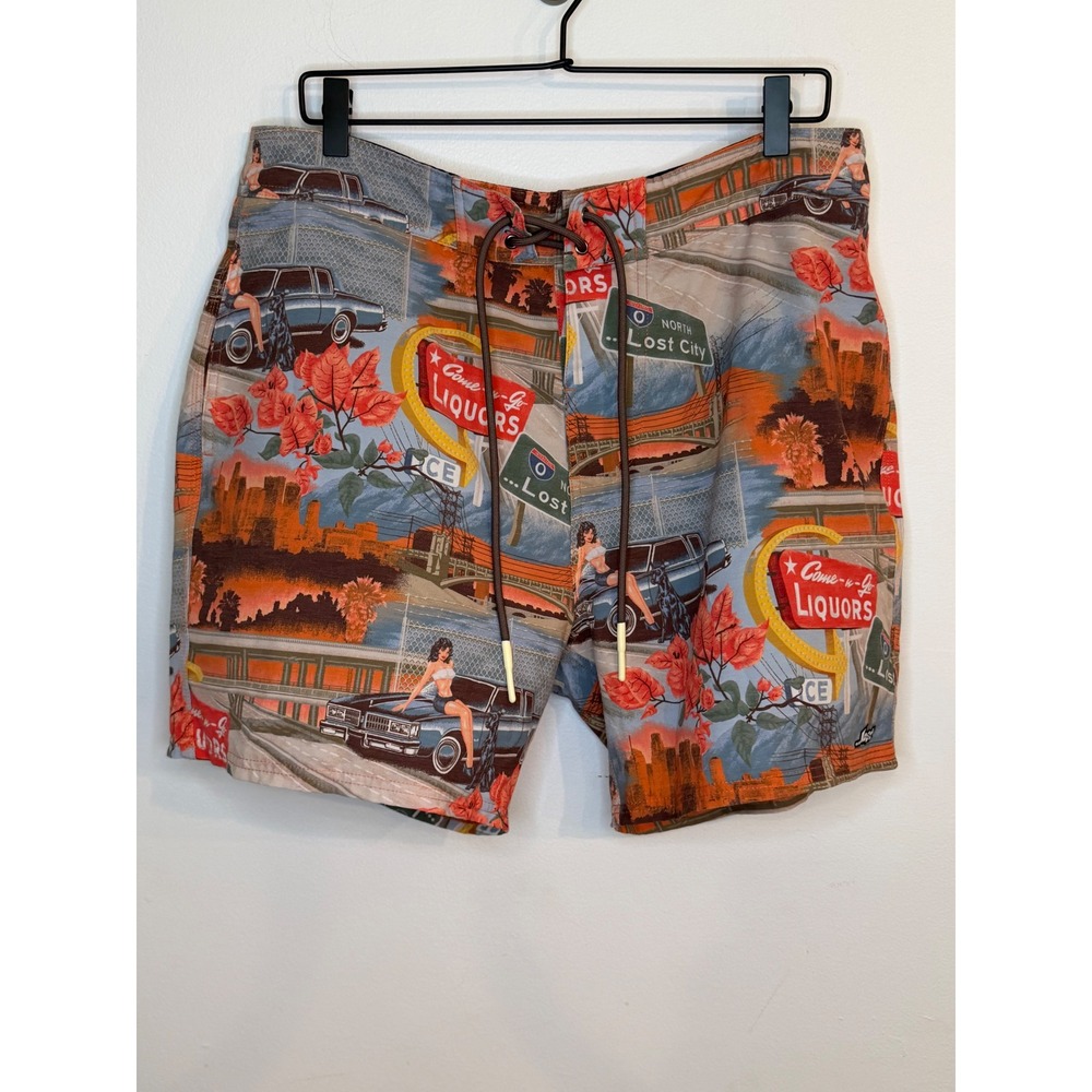 Lost Enterprises Deathwish Boardshorts Sz 34 Lost City Sunset Pinup Swim Trunks